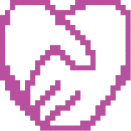 An 8-Bit illustration of a two hands that make a heart with a bright purple stroke and yellow fill.